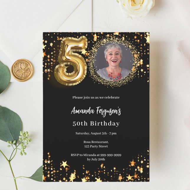 Black gold photo stars 50th birthday invitation (Creator Uploaded)