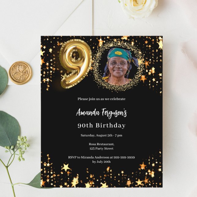 Black gold photo stars 90th birthday invitation (Creator Uploaded)