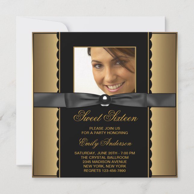 Black Gold Photo Sweet 16 Party Invitation (Front)