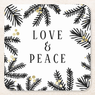 Black & Gold Pine and Berries Holiday Square Paper Coaster