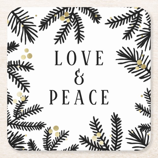 Black & Gold Pine and Berries Holiday Square Paper Coaster (Front)