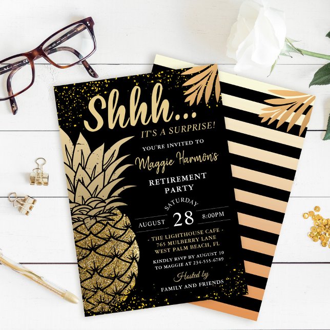 Black Gold Pineapple Surprise Retirement Party Invitation (Creator Uploaded)