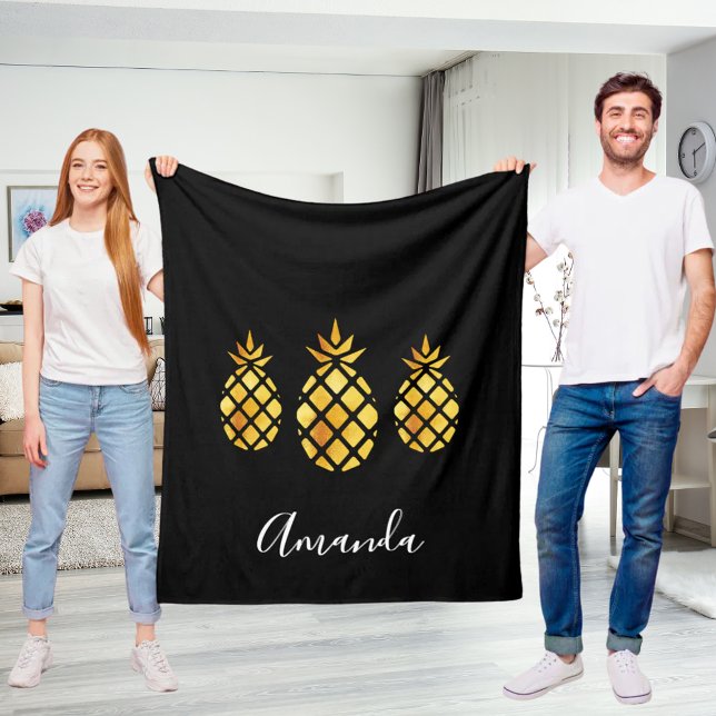 Black gold pineapples name script modern fleece blanket (Creator Uploaded)