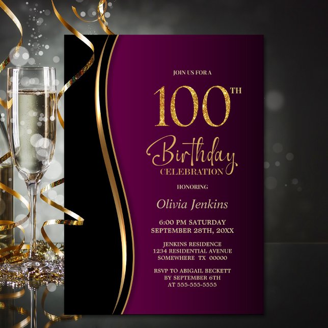 Black Gold Pink 100th Birthday Party Invitation (Creator Uploaded)