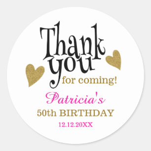 Black Gold Pink 50th Birthday Thank You Favour Classic Round Sticker