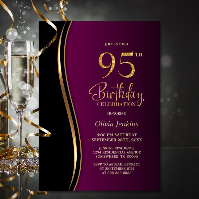 Black Gold Pink 95th Birthday Party Invitation (Creator Uploaded)