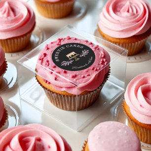 Black Gold & Pink Bakery Business Cake and Floral Classic Round Sticker