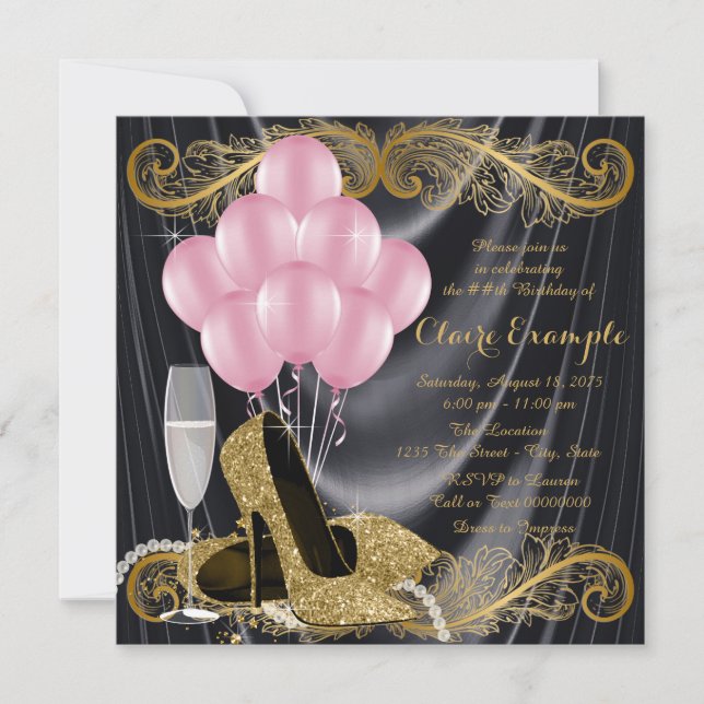 Black Gold Pink Birthday Party Hollywood Glamour Invitation (Front)