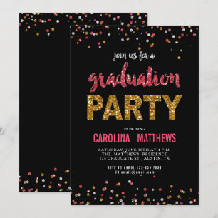 Black Gold Pink Confetti Graduation Party Invite