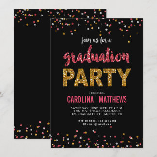 Black Gold Pink Confetti Graduation Party Invite