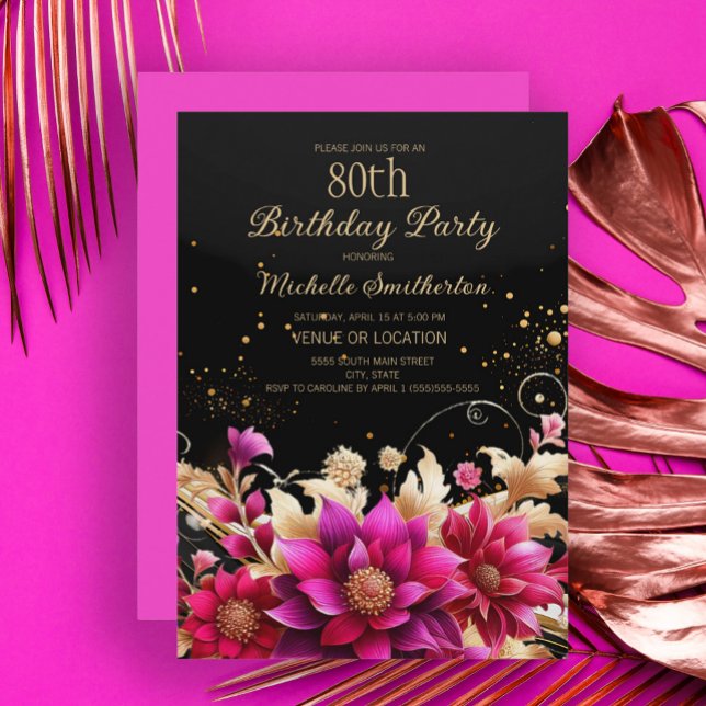 Black Gold Pink Floral 80th Birthday Party Invitation (Black, fuchsia, and gold floral 80th birthday party invitation)