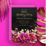Black Gold Pink Floral 90th Birthday Party Invitation<br><div class="desc">Elegant and chic black,  gold and hot pink floral 90th birthday party invitation for women.  Contact me for assistance with your customizations or to request additional matching or coordinating Zazzle products for your event.</div>