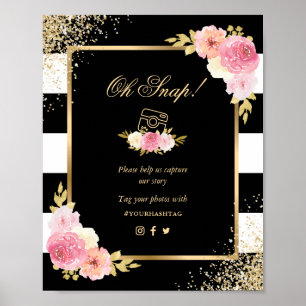 Black Gold Pink Floral Social Media Wedding Sign