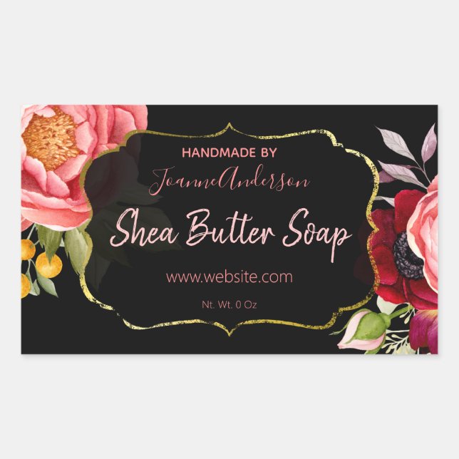 Black Gold Pink Floral Watercolor Soap Sticker (Front)