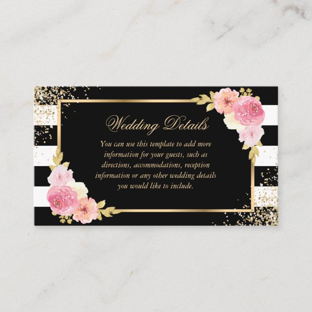Black Gold Pink Floral Wedding Details Card (Front)