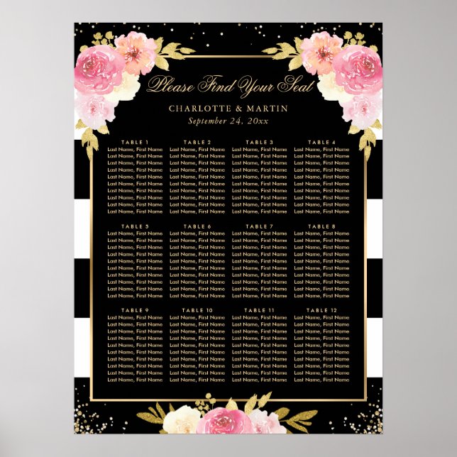 Black Gold Pink Floral Wedding Seating Chart 12 (Front)