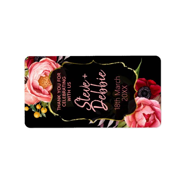 Black Gold Pink Flowers Wedding Lip Balm Labels (Front)