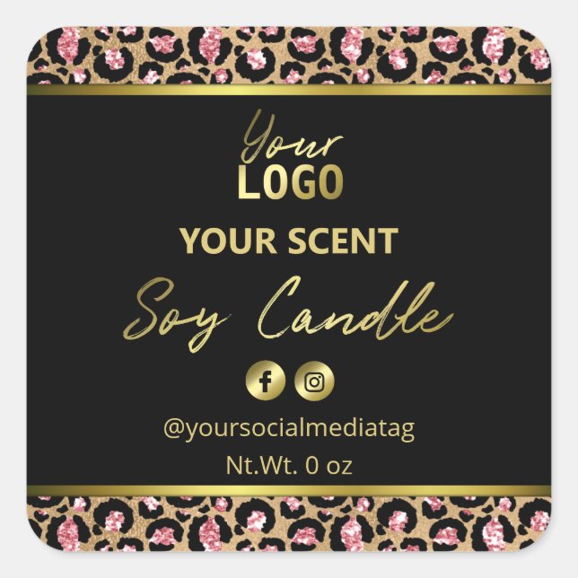Black Gold Pink Leopard Print Soy Candle Labels (Front)