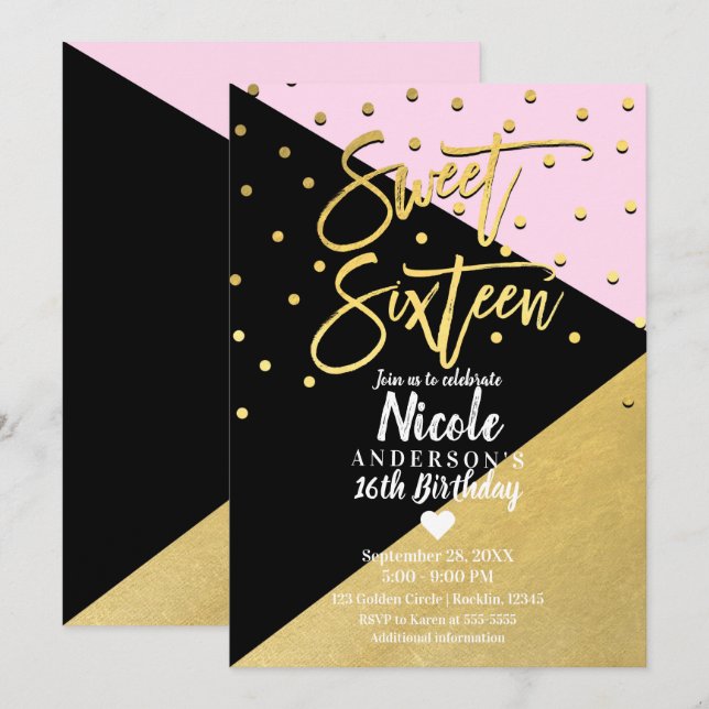 Black Gold & Pink Modern Script Sweet 16 Sixteen Invitation (Front/Back)