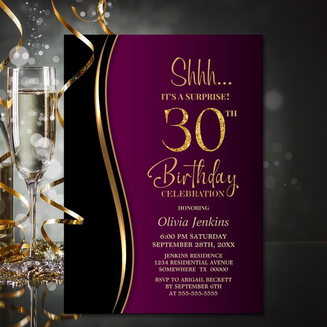 Black Gold Pink Surprise 30th Birthday Invitation (Creator Uploaded)