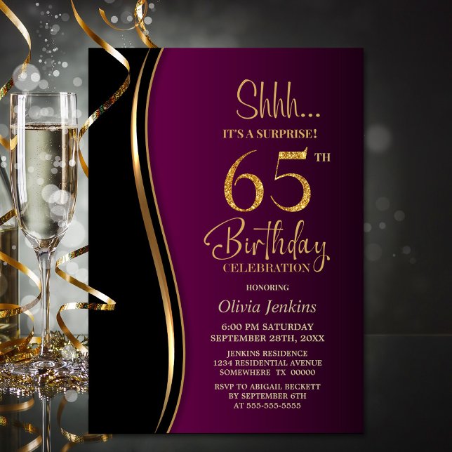 Black Gold Pink Surprise 65th Birthday Invitation (Creator Uploaded)
