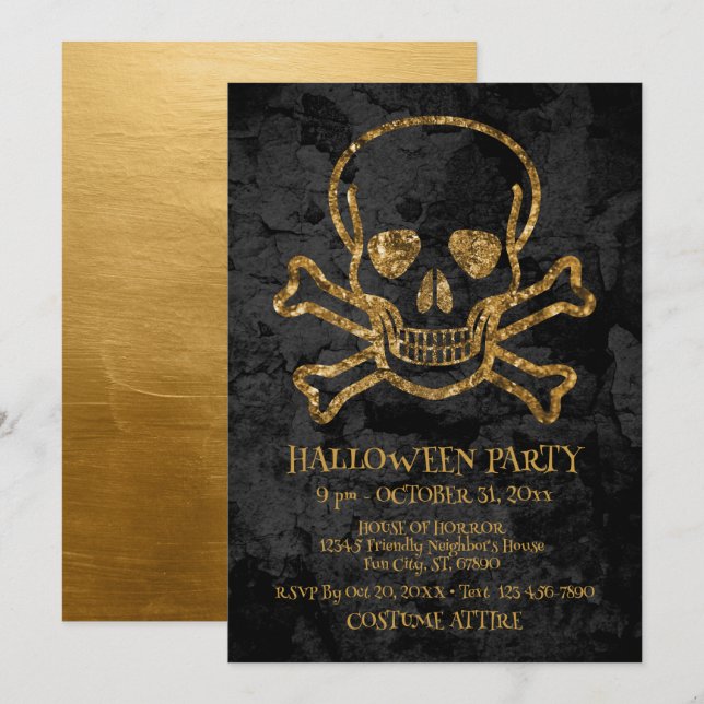 Black Gold Pirate Skull and Bones Halloween Party Card (Front/Back)