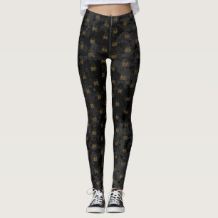 Black Gold Pirate Skull and Bones Pattern Leggings