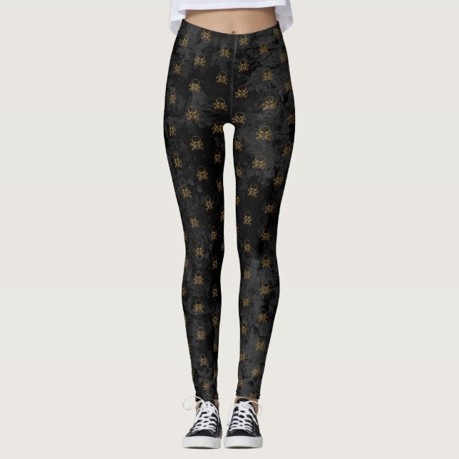 Black Gold Pirate Skull and Bones Pattern Leggings (Front)