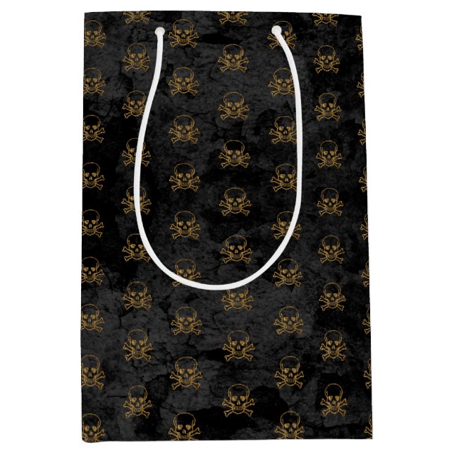 Black Gold Pirate Skull and Bones Pattern Medium Gift Bag (Front)