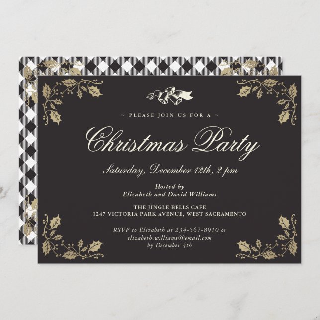 Black Gold Plaid Christmas Holiday Party Invitation (Front/Back)