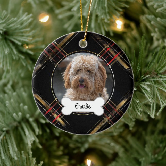 Black Gold Plaid Custom Pet Puppy Dog Photo Ceramic Ornament (Tree)