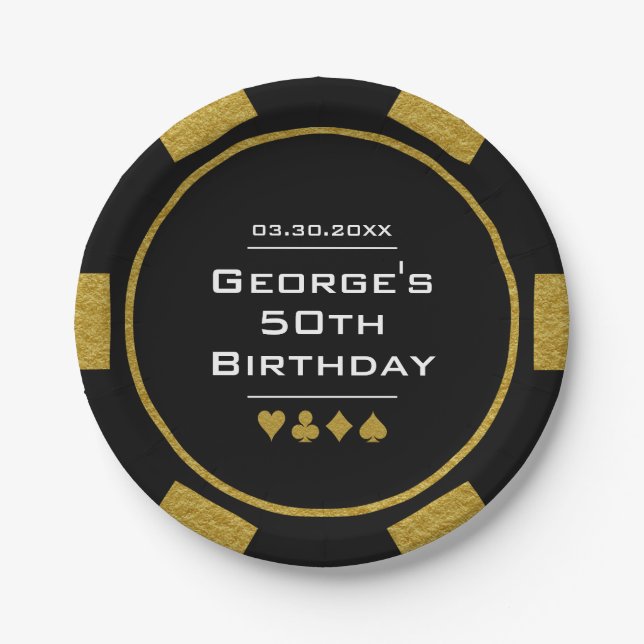 Black Gold Poker Chip Las Vegas Casino Birthday Paper Plate (Front)