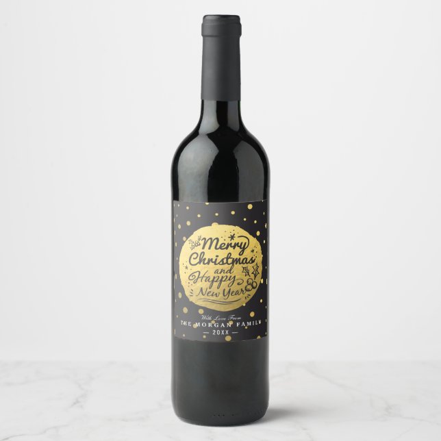 Black Gold Polka Dots Christmas & New Year Script Wine Label (Front)