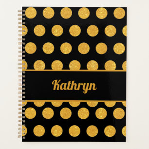 Black & Gold Polka Dots Custom Name Goal Life Planner