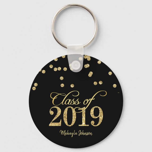 Black & Gold Polka-dots Glitter Class of 2019 Keychain (Front)