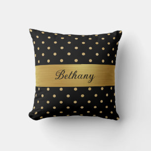 Black Gold Polka Dots + Gold Ribbon - Personalized Throw Pillow