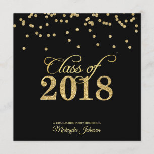 Black & Gold Polkadot Glitter Class of 2018 Party Invitation