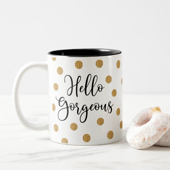 Black Gold Polkadot Script Hello Gorgeous Two-Tone Coffee Mug (With Donut)