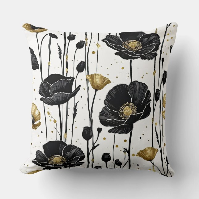 Black & Gold Poppies on White Throw Pillow (Front)