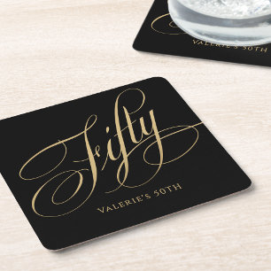 Black Gold Posh Calligraphy Script 50th Birthday Square Paper Coaster