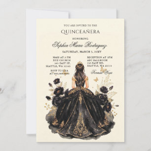 Black Gold Princess Floral Tiara Quinceañera Invitation