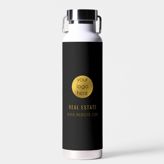 Black Gold Professional Real Estate Agent Business Water Bottle (Front)