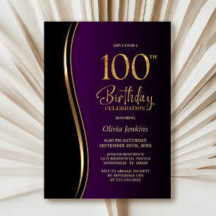 Black Gold Purple 100th Birthday Party Invitation