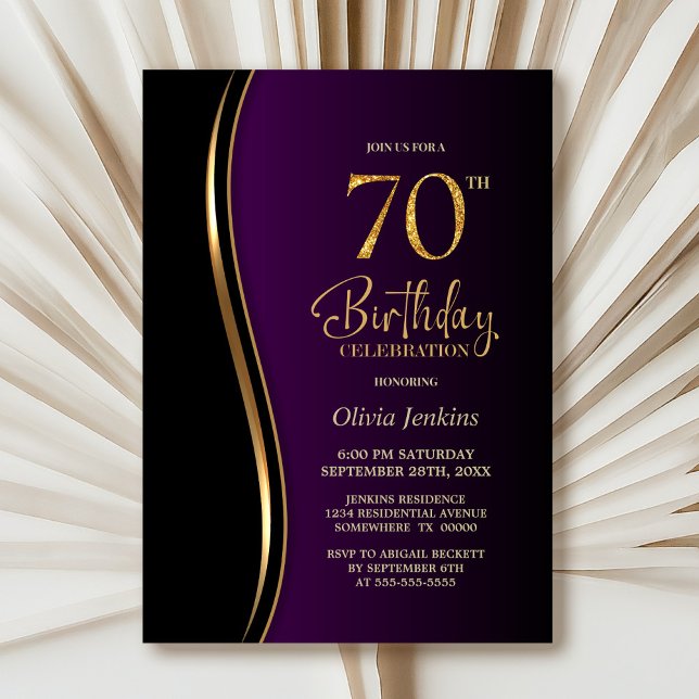 Black Gold Purple 70th Birthday Party Invitation (Creator Uploaded)