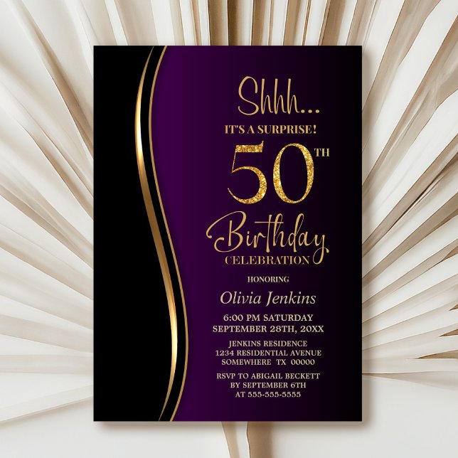 Black Gold Purple Surprise 50th Birthday Invitation (Creator Uploaded)
