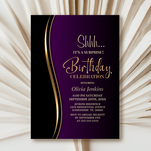 Black Gold Purple Surprise Birthday Party Invitation (Creator Uploaded)