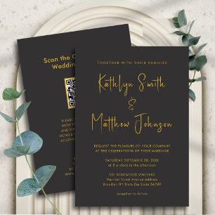 Black Gold QR Code All In One Modern Chic Wedding Invitation