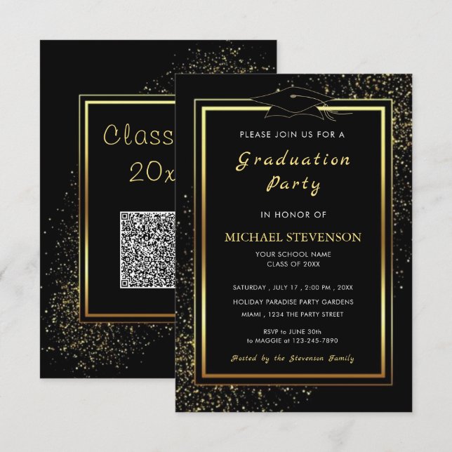 Black Gold QR Code Graduation Invitation Example (Front/Back)