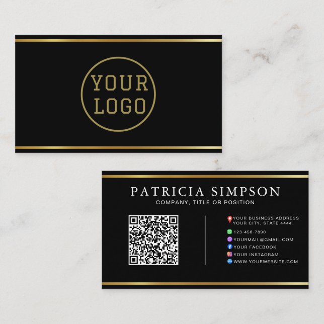 Black Gold QR Code | Logo and Social Media Icons Business Card (Front/Back)