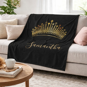 Black gold queen princess tiara crown name fleece blanket